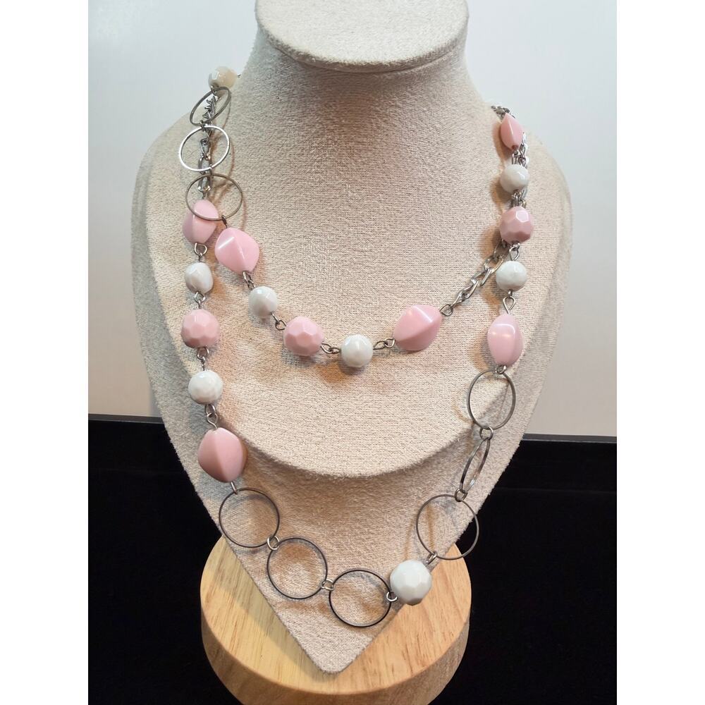 Boho Beaded Necklace – Pink/White Mix on Silvertone | 22” Drop